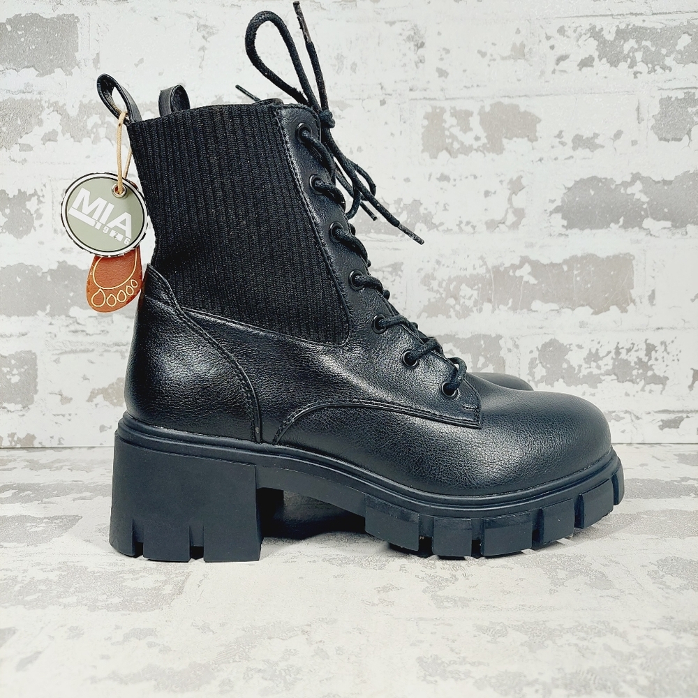 New Mia Regan Black Leather Lace Up Combat Boots O304 - Picture 4 of 11